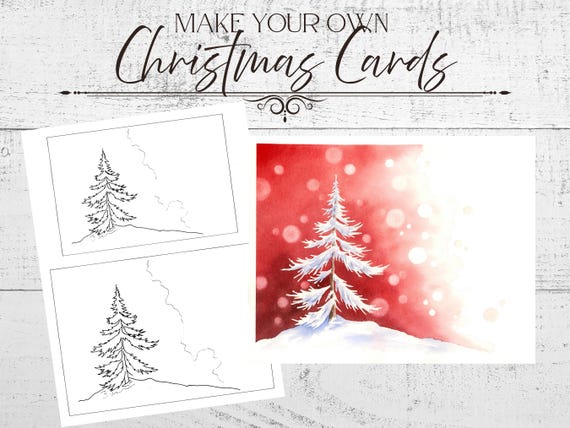 4x6 & 5x7 Snowy Pine Tree Christmas Card Drawing Outline PDF Digital Download Template for Painting Coloring