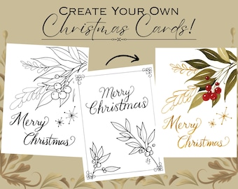 Pode incluir: Três designs de cartões de Natal com ilustrações botânicas. Um é um esboço a preto e branco, o segundo é um desenho a traço a preto e branco e o terceiro é dourado e vermelho. Cada cartão diz "Feliz Natal". O texto superior diz "Crie seus próprios cartões de Natal!"