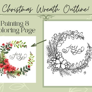 Corona de flores de Navidad Digital descargable imprimible contorno rastreable para colorear o pintar