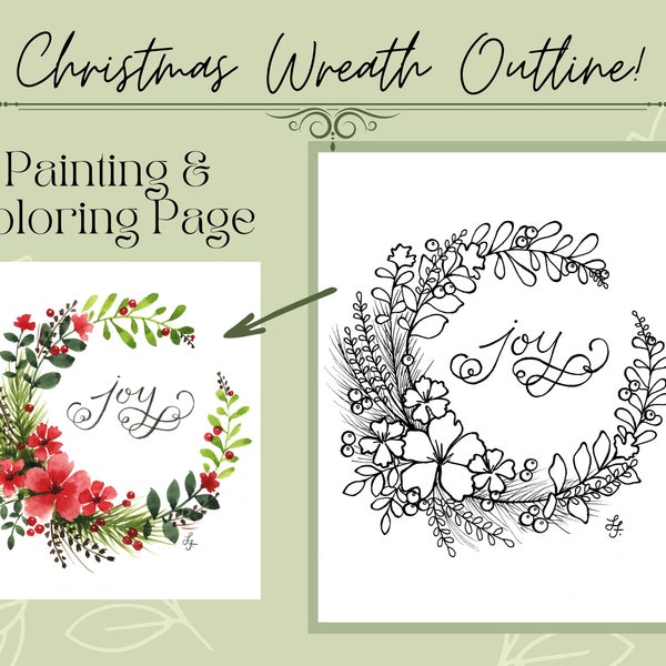 Christmas Flower Wreath Digital Downloadable Printable Traceable Outline for Coloring or Painting