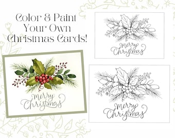 May include: Two printable Christmas cards featuring a holly and pine sprig design. The top card is colored with green leaves, red berries, and the text "Merry Christmas". The bottom card is black and white with the text "Merry Christmas".