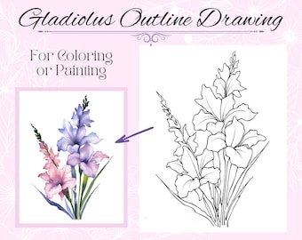 Gladiolus bloemtekening overzicht afdrukbare PDF digitale download om in te kleuren of te schilderen