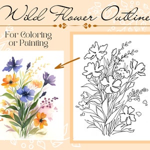 野生の花のアウトライン描画 PDF デジタルダウンロード (着色またはペイント用)