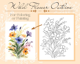 Wilde bloem overzichtstekening PDF digitale download om in te kleuren of te schilderen