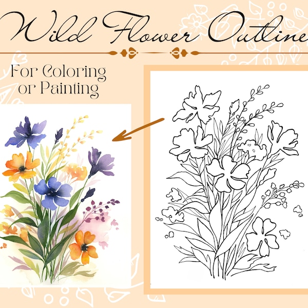 Wilde Blume Umriss Zeichnung PDF Digitaler Download zum Färben oder Malen
