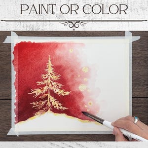 May include: Watercolor painting of a golden Christmas tree on a red and white background. The words "PAINT OR COLOR" are at the top. A hand holds a paintbrush, adding details to the artwork. The painting is taped to a wooden surface.