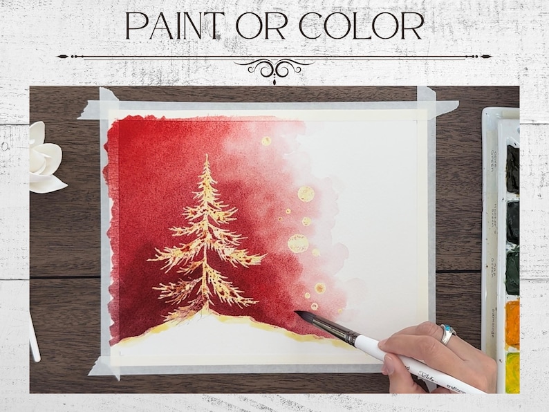 May include: Watercolor painting of a golden Christmas tree on a red and white background. The words "PAINT OR COLOR" are at the top. A hand holds a paintbrush, adding details to the artwork. The painting is taped to a wooden surface.