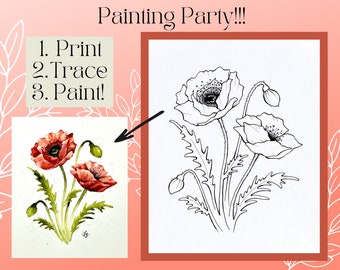 Poppy Flower Outline Drawing/Digital PDF Printable! Download, Print, Trace, Paint! Plus Free Painting Tutorial!