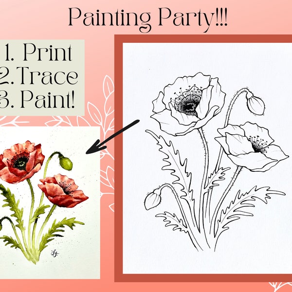 Poppy Flower Outline Drawing/Digital PDF Printable! Download, Print, Trace, Paint! Plus Free Painting Tutorial!