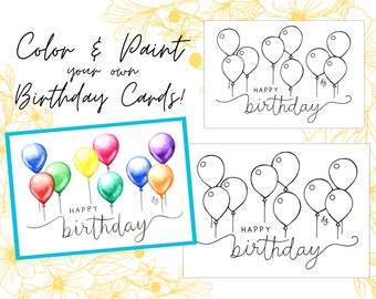 DIY Birthday Balloon Card 4x6 and 5x7 Traceable Outlines for Coloring or Painting your own Birthday Cards