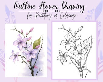 May include: Outline drawing of a bouquet of purple flowers with green leaves. The image is split into two sections, one with the flowers in color and the other in black and white. The text "Outline Flower Drawing for Painting or Coloring" is at the top of the image.