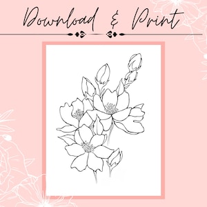 Pink and Orange Flower and Bud Drawing Printable PDF Outline for Coloring or Painting zdjęcie 2