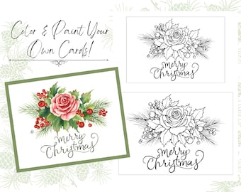 Composition florale de roses de Noël 4 x 6 et 5 x 7 ans Carte de Noël imprimable avec contours PDF traçables à colorier ou à peindre