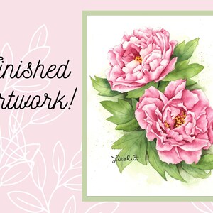 K&ouml;nnte beinhalten: Aquarellmalerei von zwei rosa Pfingstrosen mit gr&uuml;nen Bl&auml;ttern. Das Gem&auml;lde ist signiert mit "Liesl J."