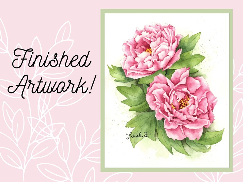 K&ouml;nnte beinhalten: Aquarellmalerei von zwei rosa Pfingstrosen mit gr&uuml;nen Bl&auml;ttern. Das Gem&auml;lde ist signiert mit "Liesl J."