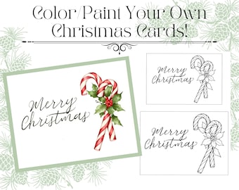 May include: White Christmas cards with candy cane and holly illustrations. The cards feature the text "Merry Christmas" in elegant script. The image includes the text "Color/Paint Your Own Christmas Cards!"