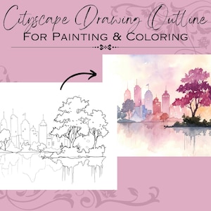 May include: A cityscape drawing outline for painting and colouring. The image shows a black and white line drawing of a city skyline next to a watercolour painting of the same scene, featuring buildings, trees, and water.