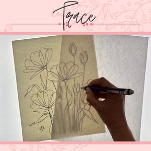 Pu&ograve; includere: Una persona traccia un disegno a linea di fiori su un foglio di carta usando una penna. Il disegno presenta linee delicate e forme semplici di fiori e foglie.