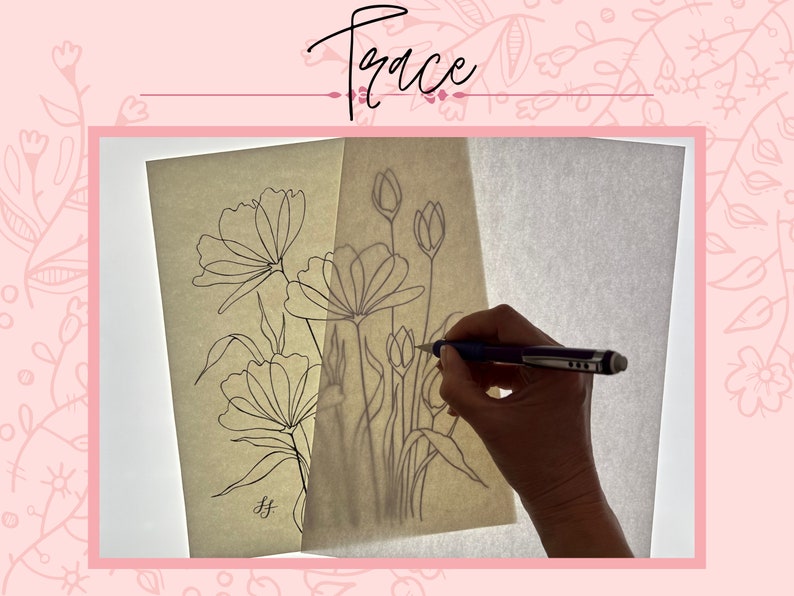 Pu&ograve; includere: Una persona traccia un disegno a linea di fiori su un foglio di carta usando una penna. Il disegno presenta linee delicate e forme semplici di fiori e foglie.