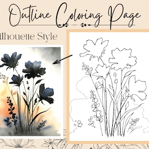 Silhouet bloemtekening pdf-overzicht kleur-/schilderpagina Zwarte wilde bloemen zonsondergang