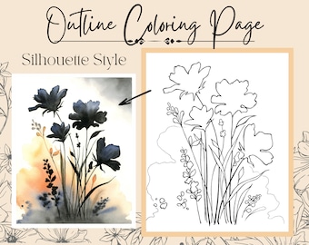 Silhouette Flower Drawing PDF Outline Coloring/Painting Page Black Sunset Wild Flowers