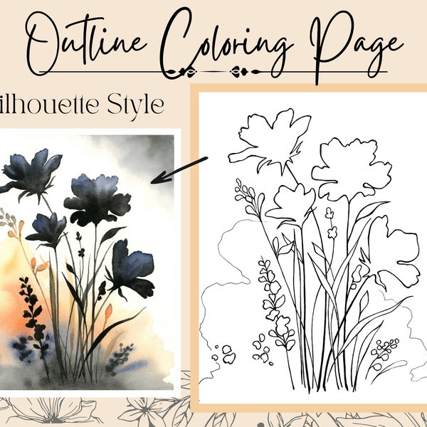 Silhouette Flower Drawing PDF Outline Coloring/Painting Page Black Sunset Wild Flowers