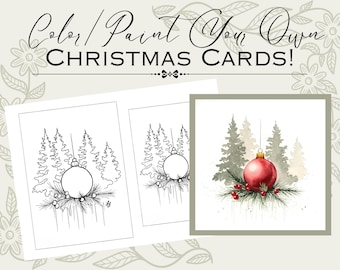 May include: Color your own Christmas cards featuring a black and white line drawing of a Christmas ornament hanging from a pine branch with pine trees in the background. The second image shows the ornament colored in red with green pine branches and red berries.