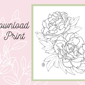K&ouml;nnte beinhalten: Eine Schwarzwei&szlig;-Zeichnung von zwei Pfingstrosen mit Bl&auml;ttern. Das Bild tr&auml;gt den Titel "Download & Print".