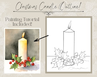 Christmas Candle, Berries, Holly Coloring/Painting Page Outline Downloadable, Printable, Traceable PDF