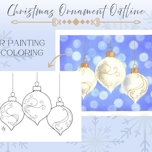Może przedstawiać: Obraz przedstawia kontur ozdoby świątecznej do malowania i kolorowania. Zawiera akwarelę trzech białych bombek ze złotymi akcentami oraz rysunek linii tych samych bombek. Tekst "Christmas Ornament Outline" znajduje się na górze.