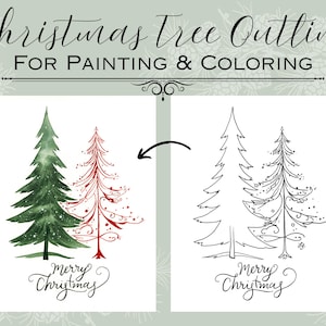 Pode incluir: Ilustração com tema natalino com um desenho de árvore de Natal em aquarela verde e vermelha ao lado de um contorno em preto e branco. O texto diz "Christmas Tree Outline For Painting & Coloring" e "Merry Christmas".