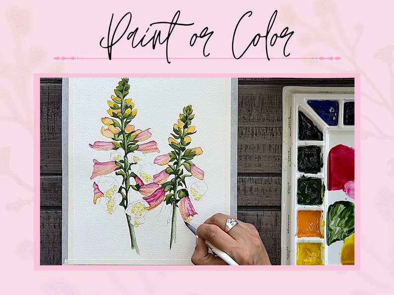 May include: A watercolor painting of pink and white foxglove flowers with green stems and leaves. The painting is on a white background and is being painted by a person's hand holding a paintbrush. A watercolor palette with various colors is visible in the background.