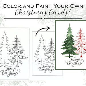 Può includere: Set di biglietti di Natale con un'illustrazione ad acquerello di due alberi di Natale. Un albero è verde, l'altro rosso. Le parole "Merry Christmas" sono scritte in corsivo. Il testo "COLOR AND PAINT YOUR OWN Christmas Cards!" è in alto.