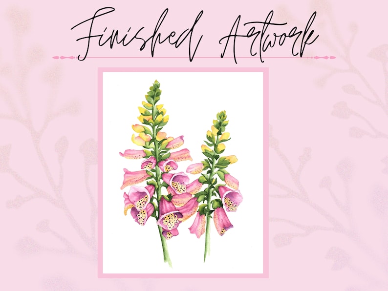 May include: Watercolor painting of pink and yellow foxglove flowers on a white background.
