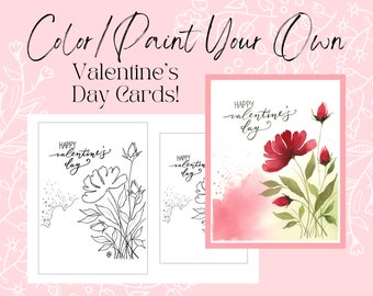 Contour/modèle 4 x 6 et 5 x 7 pouces pour colorier/peindre votre propre dessin de fleurs en forme de carte pour la Saint-Valentin