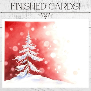 May include: Watercolor Christmas card featuring a snow-covered evergreen tree on a snowy hill against a red and white background with bokeh effects. The text "FINISHED CARDS!" is at the top.