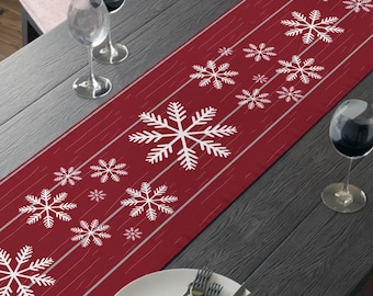 Christmas Table Runner, Burgundy Woodgrain Snowflake Design, Rustic Holiday Kitchen Dining Decor, Farmhouse Country Cottage