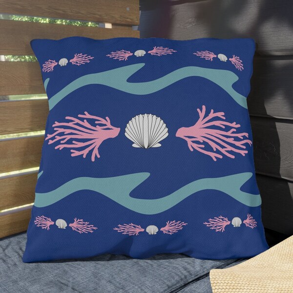 Ocean Patio Pillow Beach Outdoor Pillow Beach Patio Pillow Beach House Decor Coastal Porch Decor Ocean Theme Seaside Seashell Pillow Blue