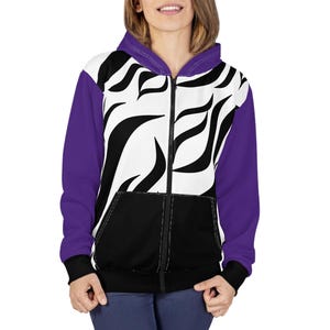 Zebra Print Hoodie, Unisex Full Zip Hooded Sweatshirt Jacket, Purple Black White, Bold Casual Outerwear