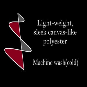 May include: A black background with white text that reads "Light-weight, sleek canvas-like polyester" and "Machine wash(cold)". A red, gray, and white abstract design is on the left.
