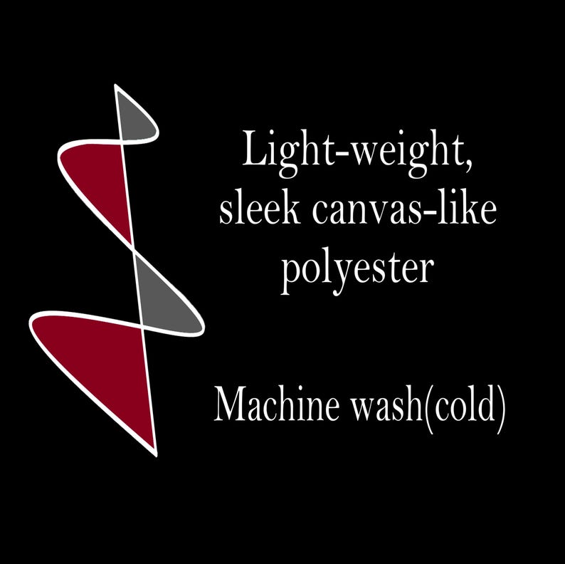 May include: A black background with white text that reads "Light-weight, sleek canvas-like polyester" and "Machine wash(cold)". A red, gray, and white abstract design is on the left.