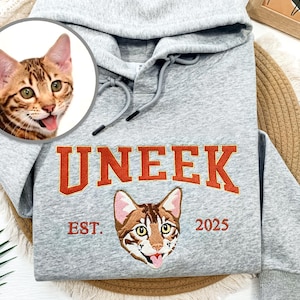 Moletom com capuz personalizado para gatos, nome bordado, moletom com rosto de animal de estimação personalizado com sua foto, moletom universitário, presentes para cães