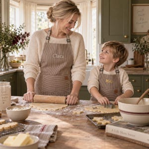 May include: Two matching brown and white striped aprons with a front pocket and leather-look patch. One apron is embroidered with the name Clara, and the other is embroidered with the name Milo. Both aprons feature adjustable neck straps.