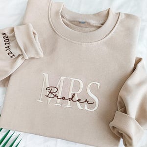 Custom Mrs. Embroidered Sweatshirt, Gift for future Mrs & Mr engagement gift, Date on sleeve,Engagement Sweatshirt,Mother of the bride gift