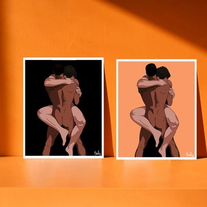 Men&#39;s embrace, illustration of couple in loving embrace, gay love artwork, queer lgbtq art print,