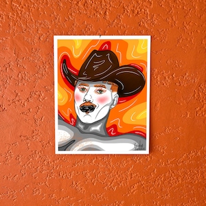 Avant-Garde Cowboy Art Print – Flaming Makeup Portrait – Queer Western Wall Art – Bold Drag-Inspired Home Decor – LGBTQ Art Gift&quot;