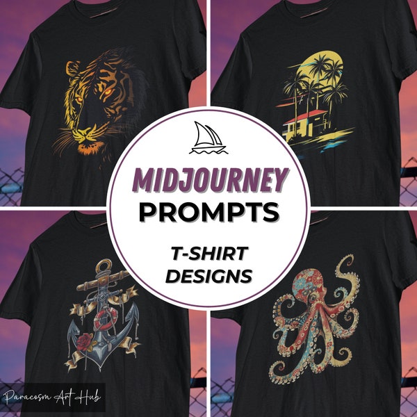 Professional Midjourney Prompts for T-Shirt Designs, AI art prompts for POD designs, t shirt ideas for print on demand, instant download