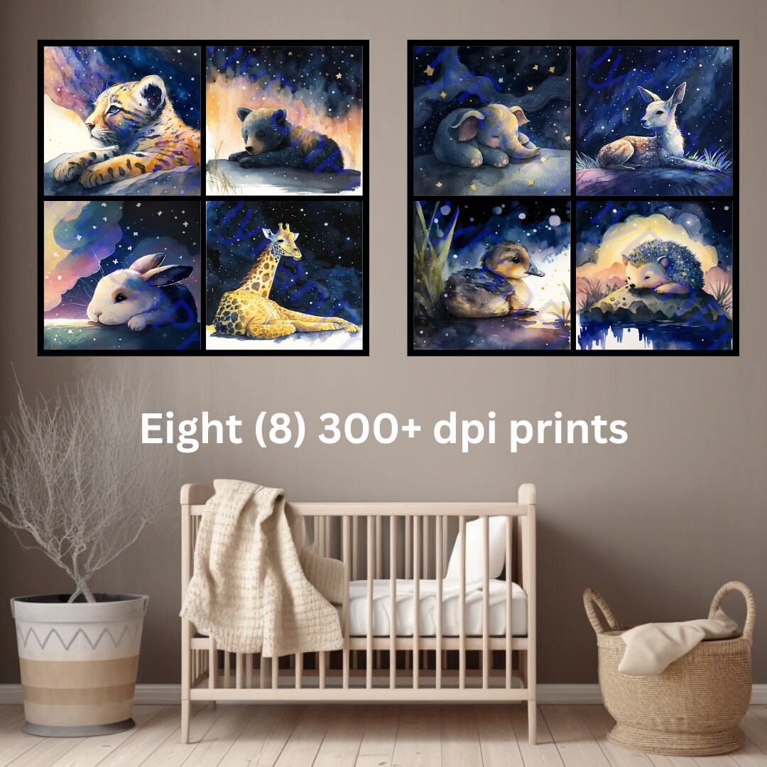 Eight (8) Watercolor Sleepy Baby Animals in Starry Night Sky, Printable ...