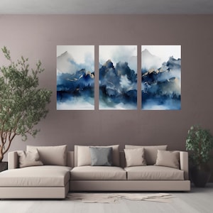 3 set - Blue & Golden Tip Triptych Abstract Mountain Watercolor Art - 3 Piece Wall Art Set - Digital Download