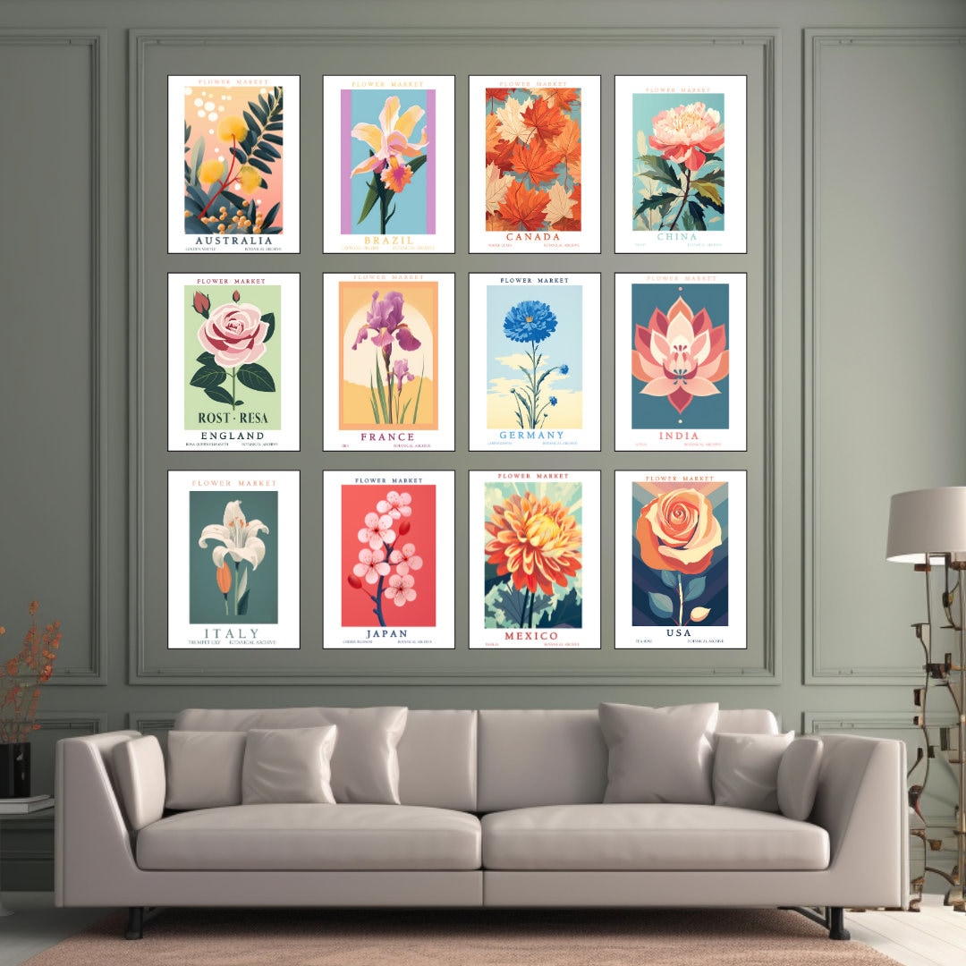 Flower Market Prints of 12 Countries, Set of 12 Prints, Botanical Print ...